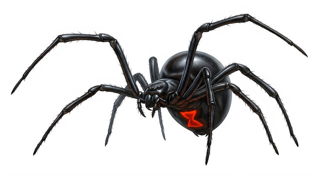 A detailed realistic black widow spider with a red hourglass mark shown isolated on transparent background