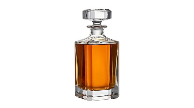 Elegant crystal glass decanter filled with golden amber whiskey or cognac spirit for luxury home bar service isolated on white background