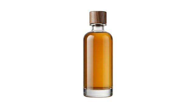 Clear glass bottle with wooden cap filled with golden liquid or honey isolated on white background