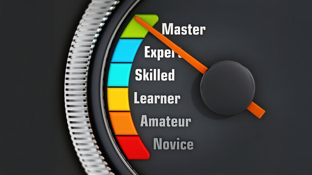 Orange needle on Master level on experience levels speedmeter. 3D illustration