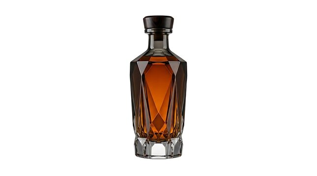 Elegant crystal glass bottle filled with dark amber whiskey or cognac liquor isolated on white background