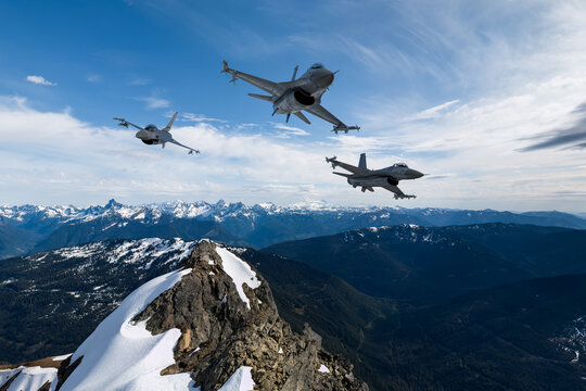 Fighter Jets Flying Over Snowy Mountains Above BC Canada &mdash; Military Aircraft 3D Rendering Formation
