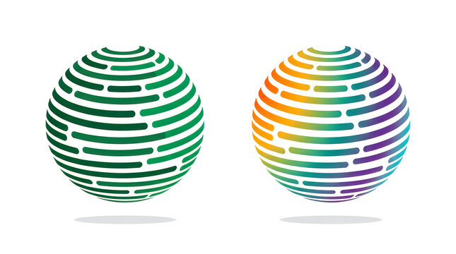 Two abstract spheres with horizontal dashed lines, one in green monochrome and the other with a vibrant rainbow gradient, isolated on white background