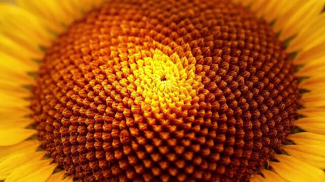 Extreme close up of sunflower seeds pattern and fibonacci spiral texture nature math botanical center flower