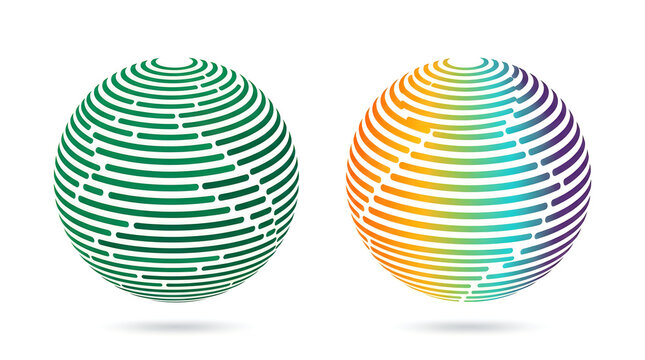 Two abstract spheres composed of horizontal dashed lines, one in green and one with a rainbow gradient, isolated on white background