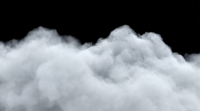 Atmospheric white clouds on black background, fluffy cumulus cloud texture, ethereal smoke and fog overlay for digital compositing