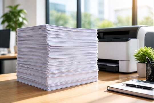 Large stack of printed paper beside office printer on desk