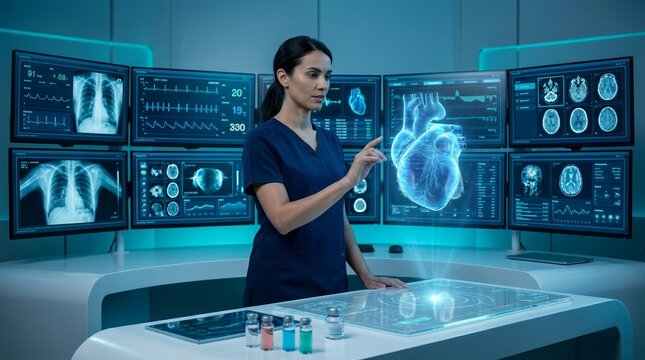 Medical professional using a futuristic 3D heart hologram surrounded by digital monitors and vials.