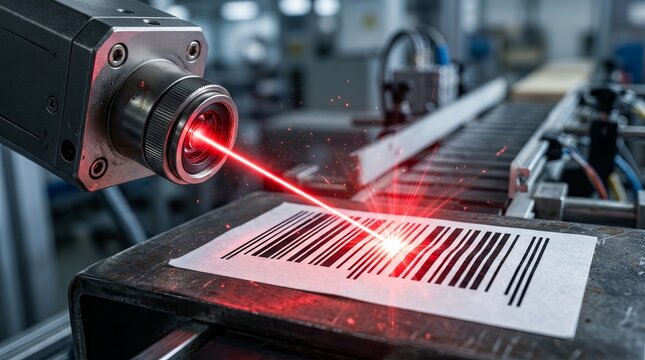 Close-up of a laser nozzle scanning a barcode with visible residue and light diffraction.