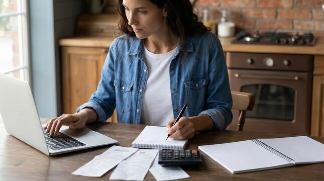 A focused woman tallying expenses and organizing receipts using a laptop, notebook, and calculator at home.