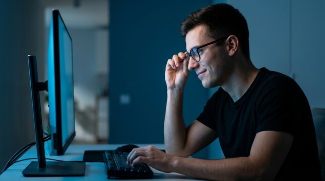 Smiling man in a black tee works at a computer monitor with a keyboard and mouse in a home office.