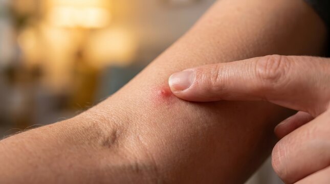 Close up of an adult forearm with small red papules being pressed by a finger.