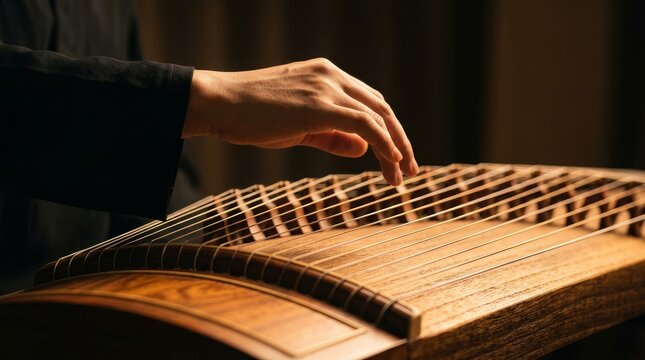Close up of a musician's hand poised over zither strings and movable bridges.