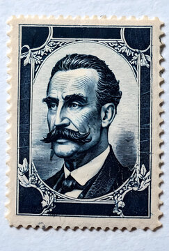 Vintage postage stamp with a portrait of a distinguished man a prominent mustache philately and history, this philatelic item historical communication and the art of stamp collecting