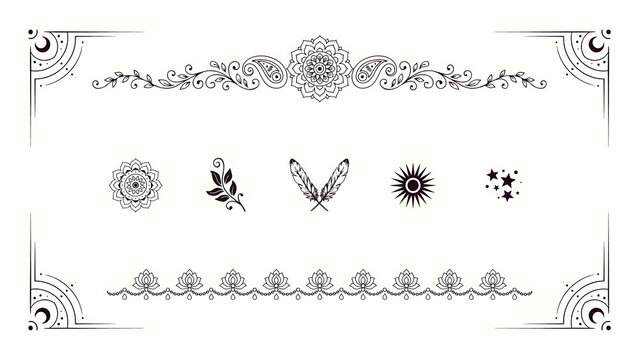 Black bohemian ornamental borders and mystical boho set isolated on a transparent background