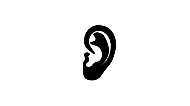A simple, bold black silhouette of a human ear on a white background