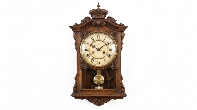 Antique wooden wall clock with ornate carvings and pendulum