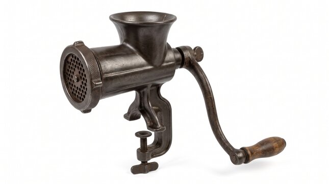 Antique Manual Meat Grinder with Wooden Handle and Clamp