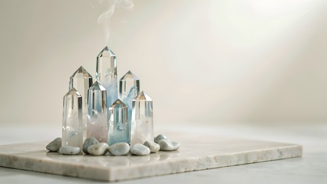 Clear quartz crystals arranged with river stones on a marble surface