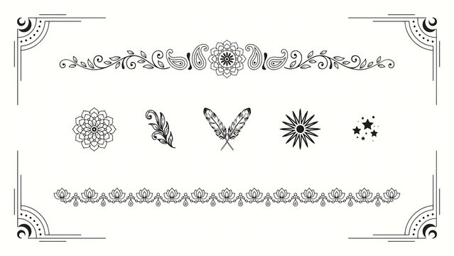 Bohemian mandala ornaments with feathers and floral borders isolated on a transparent background