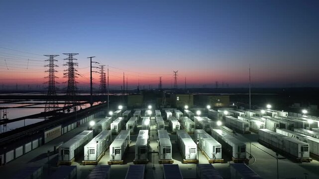 Energy storage power station with container arrays illuminated at dusk under twilight sky