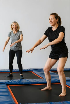 Two women exercising on trampolines in a fitness class, promoting health and active lifestyle for adults, Two women are actively engaged in a fitness class