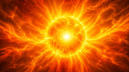Fototapeta premium Abstract sun explosion background. Intense solar flare with glowing fire energy waves.