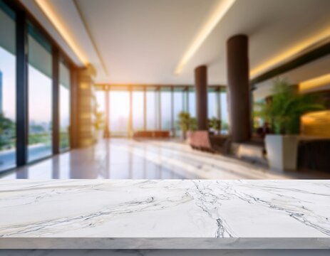 empty white marble stone table top and blurred hotel lobby interior background with bright sunlight luxury hotel background