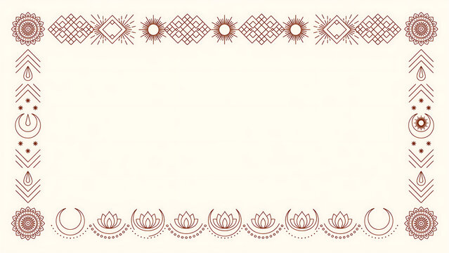 Brown boho geometric frame with lotus and sun symbols isolated on a transparent background