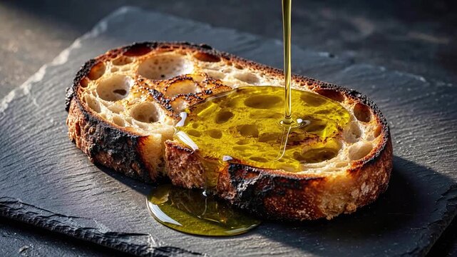Olive oil pouring on fresh sourdough bread toast on slate liquid food breakfast drizzle snack liquid food breakfast