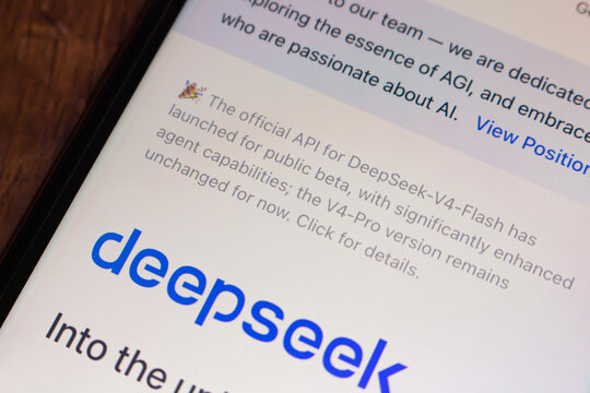 Mexico City, MEXICO - Aug 4 2026 : Close-up of a smartphone showing the DeepSeek homepage with the deepseek logo and a notice that the official DeepSeek V4 Flash API has launched in public beta.