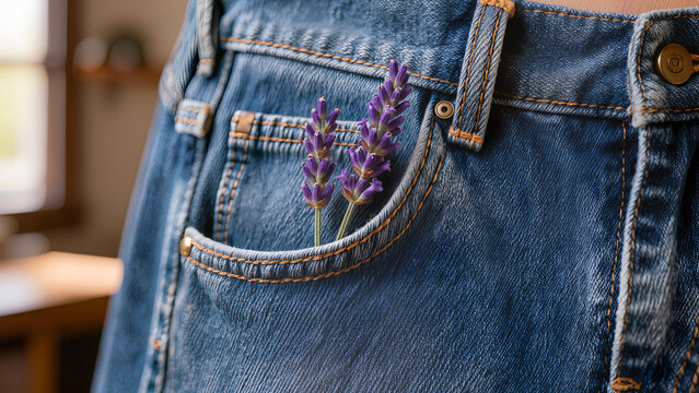 Macro close up of blue denim fabric texture with golden stitching and purple lavender flowers