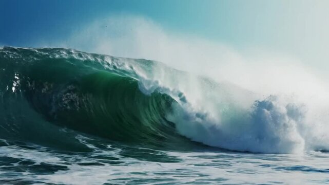 Powerful ocean wave cresting with clear turquoise water and blue sky in slow motion