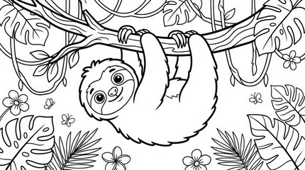 Fototapeta premium Cute sloth hanging on a tree branch. Coloring page for kids with tropical jungle leaves.
