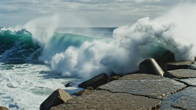 Dramatic ocean wave crashing against rocky breakwater creating a stunning display of power and nature's beauty