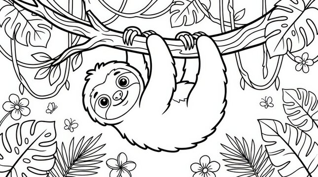 Cute sloth hanging on a tree branch. Coloring page for kids with tropical jungle leaves.
