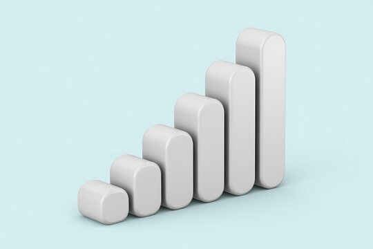3D white bar chart growth concept with ascending columns. Minimalist data visualization for business reports and presentations.
