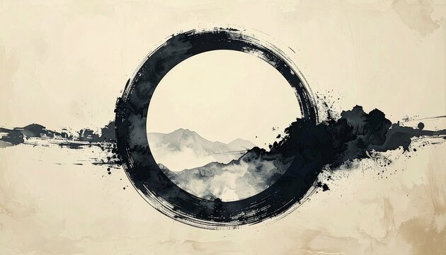 Sumi Ink Enso Circle with Ink Wash Below on Cream Paper
