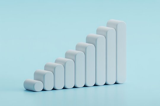 3D white bar chart growth concept with rounded edges. Business data visualization rising in modern minimalist design for presentations.