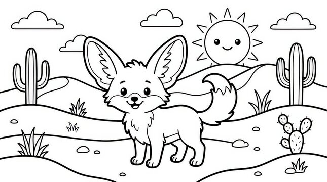 Cute fennec fox coloring page for kids. Cartoon desert animal line art for children activity.