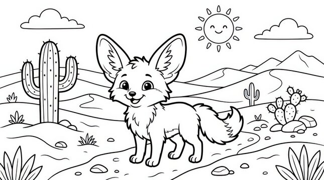 Cute fennec fox coloring page. Cartoon desert animal illustration for kids activity book.