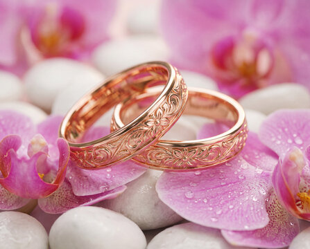 Engraved Rose Gold Wedding Rings on Pink Orchid Flowers
