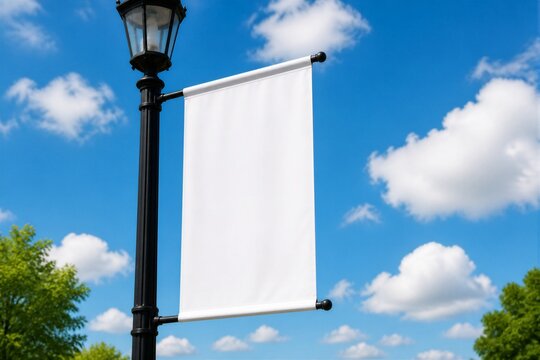 Blank vertical banner hanging from lamppost against blue sky