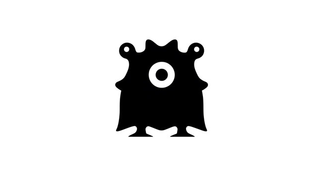 A minimalist black silhouette of a cute, quirky monster with two eyes and a single prominent eye in the center. The creature has a blob-like body with a jagged top and stubby legs.