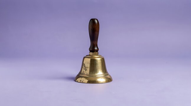 A classic brass hand bell with a dark wooden handle against a soft purple background.