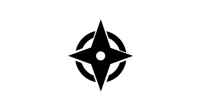 A sharp, black star compass symbol with a small white circle in the center, enclosed within a circular ring, against a plain white background