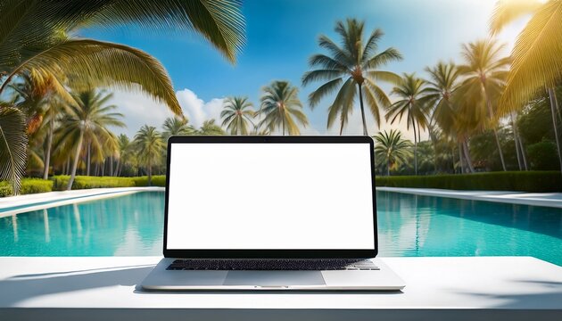 modern laptop with blank white screen mockup on outdoor white table by the pool tropical resort background with palm trees and sunny blue sky digital nomad lifestyle