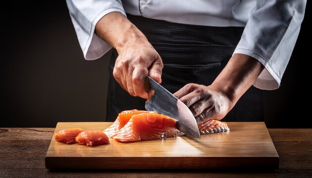 professional japanese sushi chef slicing fresh raw salmon fish using sharp knife traditional wooden cutting board busy authentic asian restaurant cooking