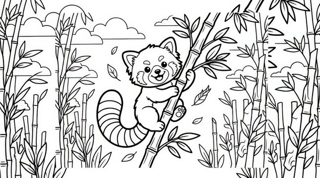 Cute red panda climbing bamboo. Coloring page for kids with wild animal in forest.