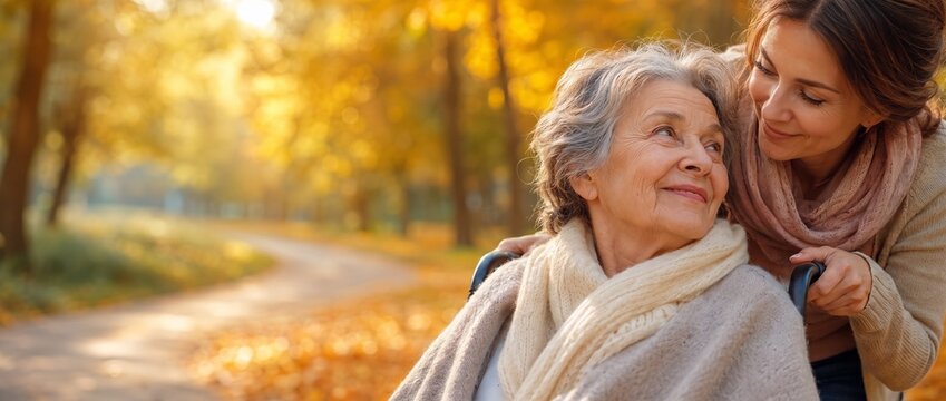 Loving caregiver or adult daughter walking with a happy senior woman in a wheelchair. Sunny autumn park background. Elderly care, family support and mobility assistance concept